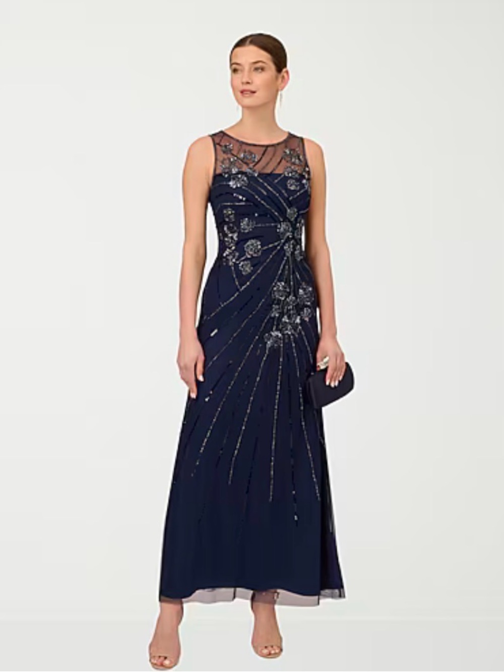 Papell Boutique Round Neck Sleeveless Beaded Embellished Evening Gown